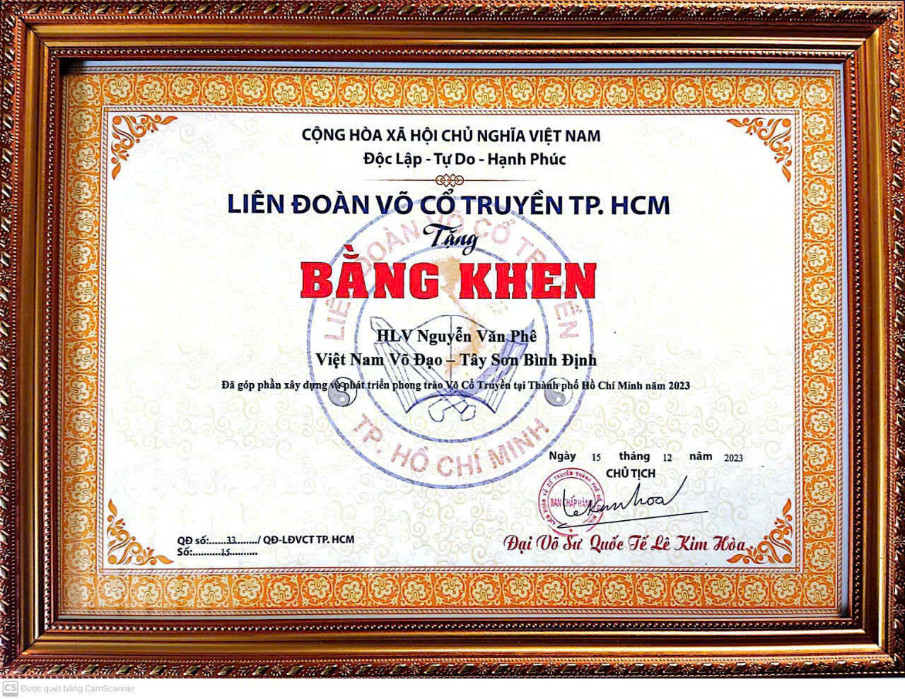 BẰNG KHEN VÕ THUẬT - CÔNG TY BẢO VỆ THÀNH ĐẠI NAM
